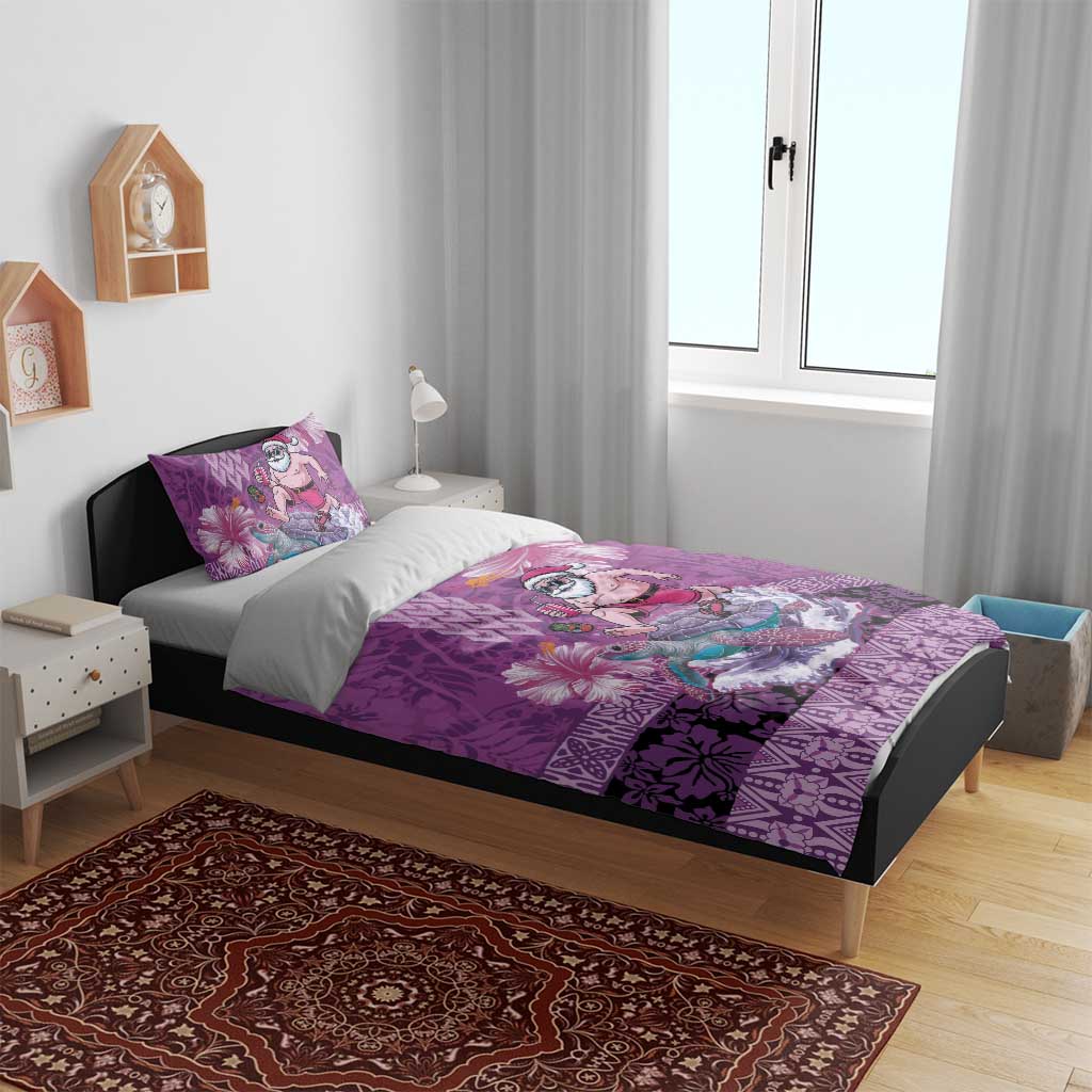 Hawaii Mele Kalikimaka Bedding Set Funny Santa with Tribal Tattoos Kakau Purple Color LT03 - Polynesian Pride