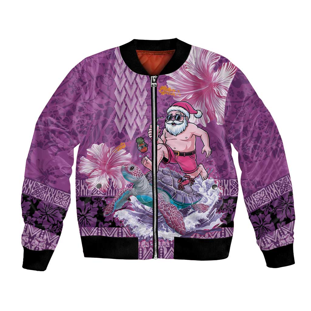Hawaii Mele Kalikimaka Bomber Jacket Funny Santa with Tribal Tattoos Kakau Purple Color LT03 Unisex Purple - Polynesian Pride