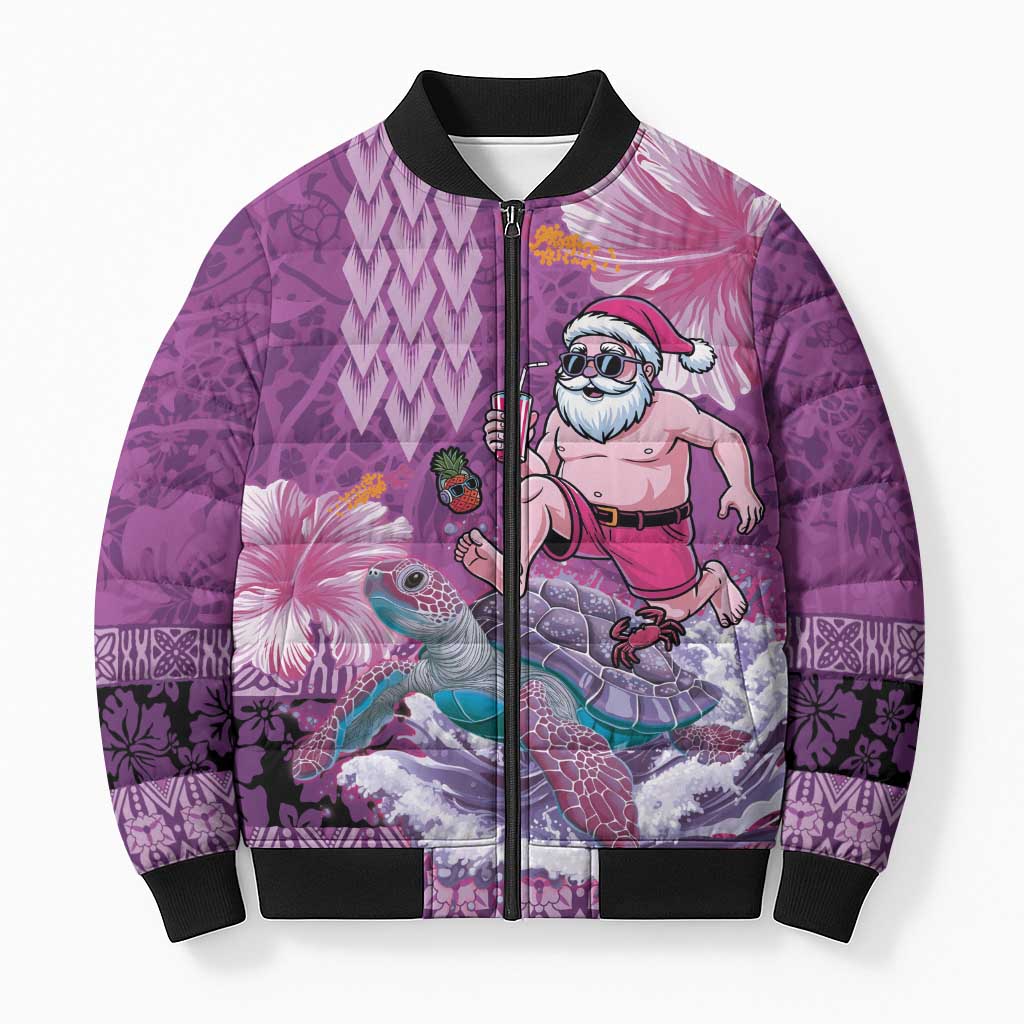 Hawaii Mele Kalikimaka Bomber Puffer Jacket Funny Santa with Tribal Tattoos Kakau Purple Color LT03 Unisex Purple - Polynesian Pride