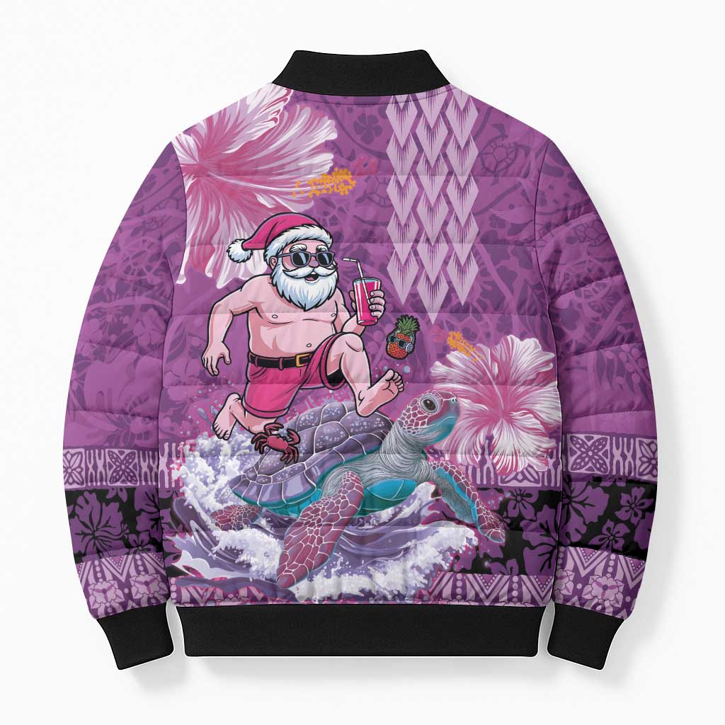 Hawaii Mele Kalikimaka Bomber Puffer Jacket Funny Santa with Tribal Tattoos Kakau Purple Color LT03 - Polynesian Pride