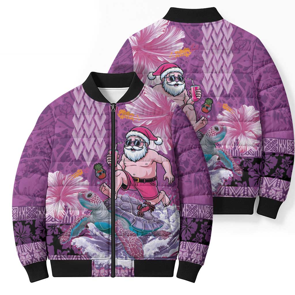 Hawaii Mele Kalikimaka Bomber Puffer Jacket Funny Santa with Tribal Tattoos Kakau Purple Color LT03 - Polynesian Pride