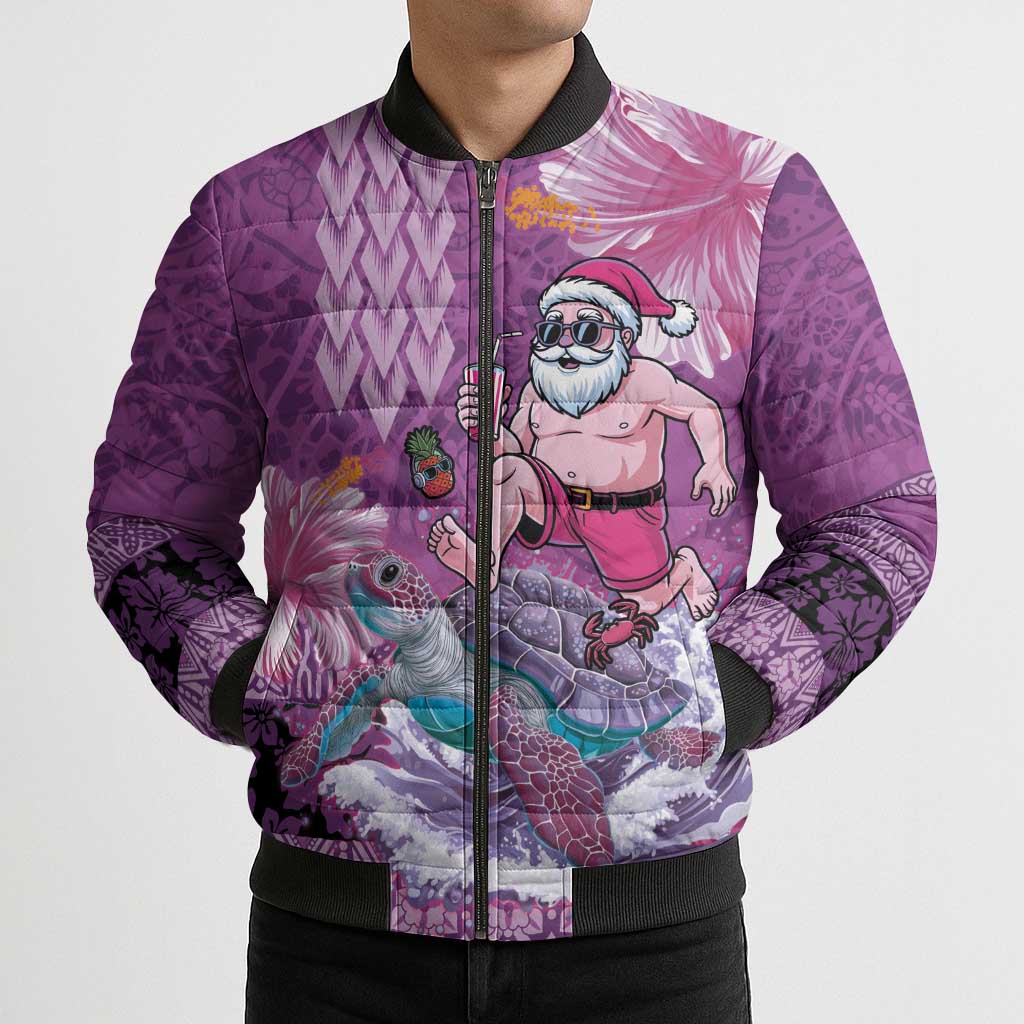 Hawaii Mele Kalikimaka Bomber Puffer Jacket Funny Santa with Tribal Tattoos Kakau Purple Color LT03 - Polynesian Pride