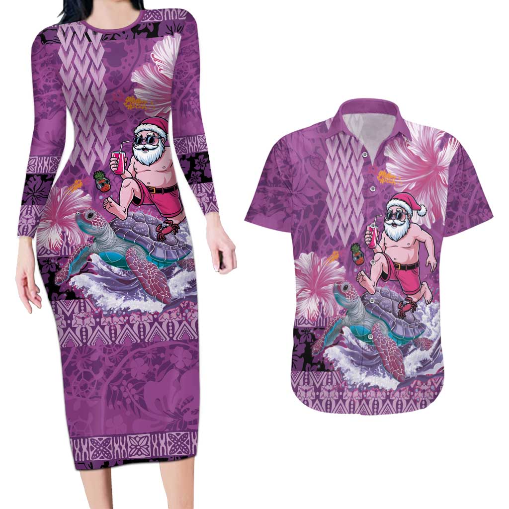 Hawaii Mele Kalikimaka Couples Matching Long Sleeve Bodycon Dress and Hawaiian Shirt Funny Santa with Tribal Tattoos Kakau Purple Color LT03 Purple - Polynesian Pride