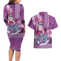 Hawaii Mele Kalikimaka Couples Matching Long Sleeve Bodycon Dress and Hawaiian Shirt Funny Santa with Tribal Tattoos Kakau Purple Color LT03 - Polynesian Pride