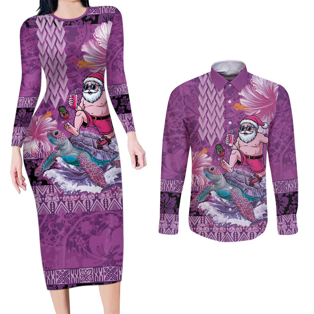 Hawaii Mele Kalikimaka Couples Matching Long Sleeve Bodycon Dress and Long Sleeve Button Shirt Funny Santa with Tribal Tattoos Kakau Purple Color LT03 Purple - Polynesian Pride