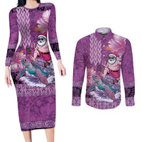 Hawaii Mele Kalikimaka Couples Matching Long Sleeve Bodycon Dress and Long Sleeve Button Shirt Funny Santa with Tribal Tattoos Kakau Purple Color LT03 Purple - Polynesian Pride