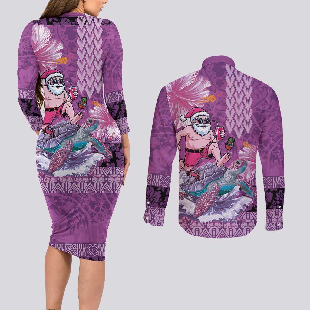 Hawaii Mele Kalikimaka Couples Matching Long Sleeve Bodycon Dress and Long Sleeve Button Shirt Funny Santa with Tribal Tattoos Kakau Purple Color LT03 - Polynesian Pride