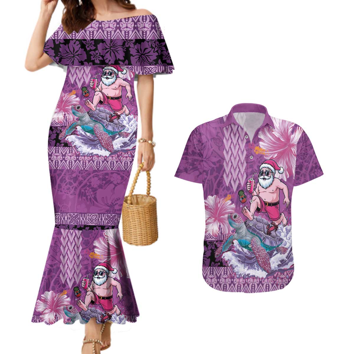 Hawaii Mele Kalikimaka Couples Matching Mermaid Dress and Hawaiian Shirt Funny Santa with Tribal Tattoos Kakau Purple Color LT03 Purple - Polynesian Pride