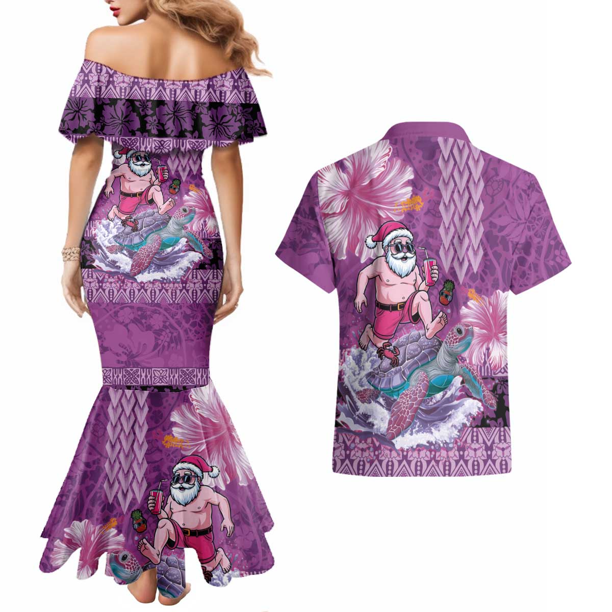 Hawaii Mele Kalikimaka Couples Matching Mermaid Dress and Hawaiian Shirt Funny Santa with Tribal Tattoos Kakau Purple Color LT03 - Polynesian Pride