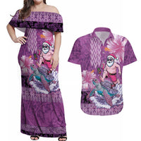 Hawaii Mele Kalikimaka Couples Matching Off Shoulder Maxi Dress and Hawaiian Shirt Funny Santa with Tribal Tattoos Kakau Purple Color LT03 Purple - Polynesian Pride