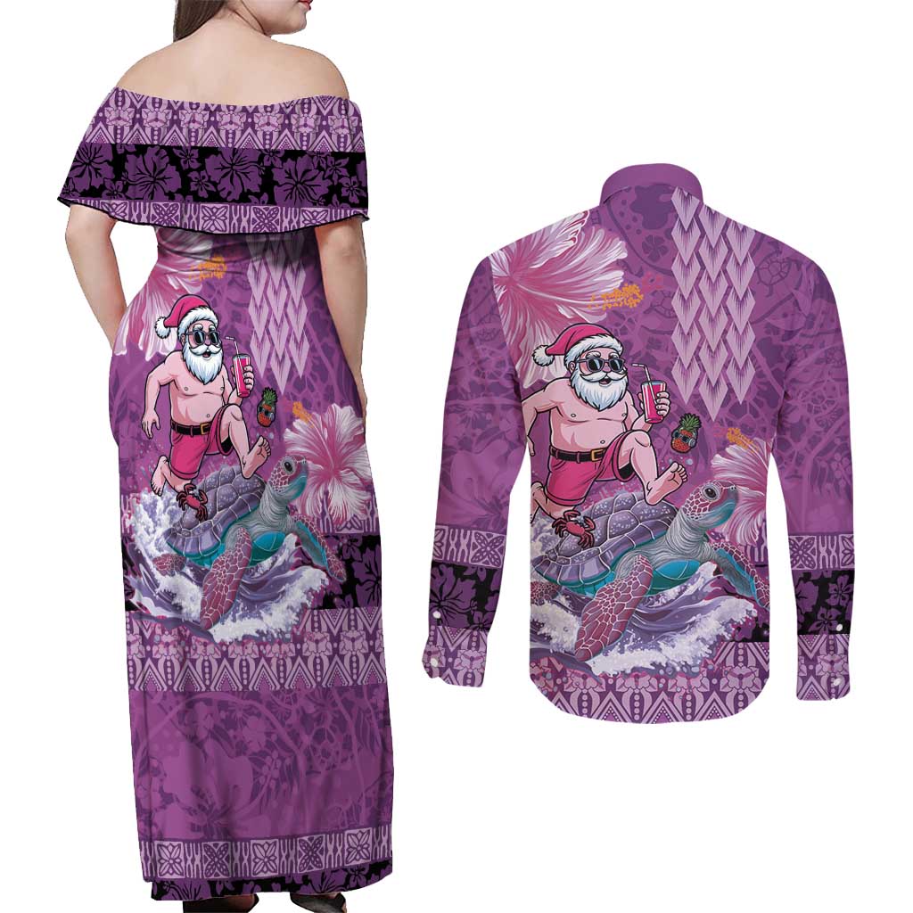 Hawaii Mele Kalikimaka Couples Matching Off Shoulder Maxi Dress and Long Sleeve Button Shirt Funny Santa with Tribal Tattoos Kakau Purple Color LT03 - Polynesian Pride