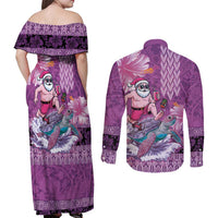 Hawaii Mele Kalikimaka Couples Matching Off Shoulder Maxi Dress and Long Sleeve Button Shirt Funny Santa with Tribal Tattoos Kakau Purple Color LT03 - Polynesian Pride