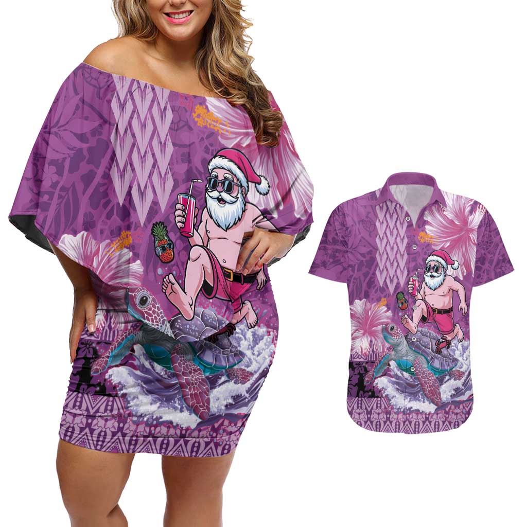 Hawaii Mele Kalikimaka Couples Matching Off Shoulder Short Dress and Hawaiian Shirt Funny Santa with Tribal Tattoos Kakau Purple Color LT03 Purple - Polynesian Pride