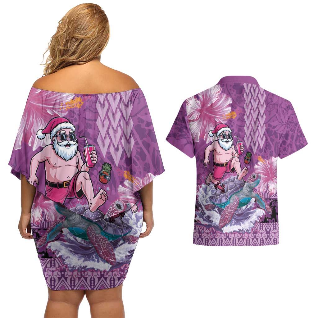 Hawaii Mele Kalikimaka Couples Matching Off Shoulder Short Dress and Hawaiian Shirt Funny Santa with Tribal Tattoos Kakau Purple Color LT03 - Polynesian Pride