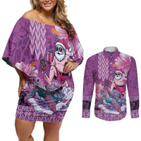 Hawaii Mele Kalikimaka Couples Matching Off Shoulder Short Dress and Long Sleeve Button Shirt Funny Santa with Tribal Tattoos Kakau Purple Color LT03 Purple - Polynesian Pride