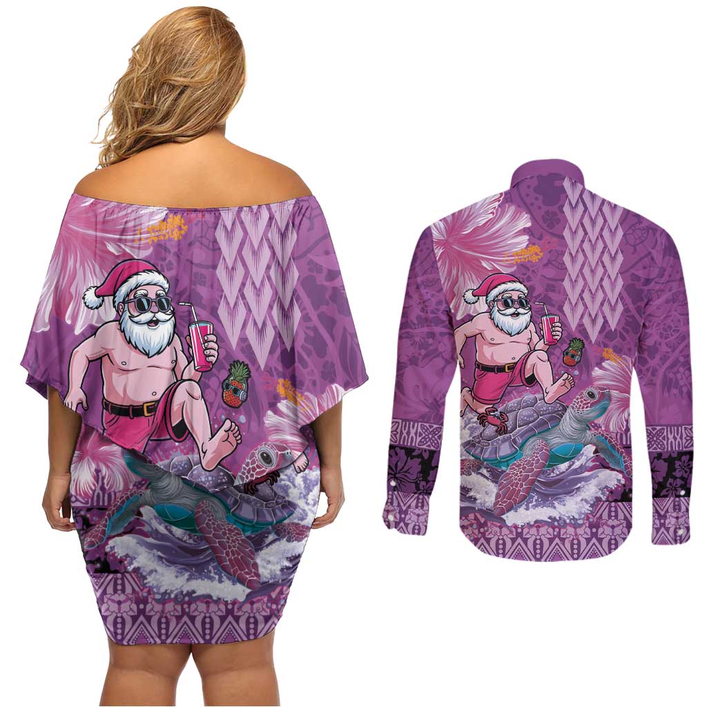 Hawaii Mele Kalikimaka Couples Matching Off Shoulder Short Dress and Long Sleeve Button Shirt Funny Santa with Tribal Tattoos Kakau Purple Color LT03 - Polynesian Pride