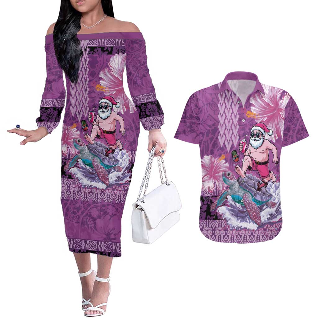 Hawaii Mele Kalikimaka Couples Matching Off The Shoulder Long Sleeve Dress and Hawaiian Shirt Funny Santa with Tribal Tattoos Kakau Purple Color LT03 Purple - Polynesian Pride