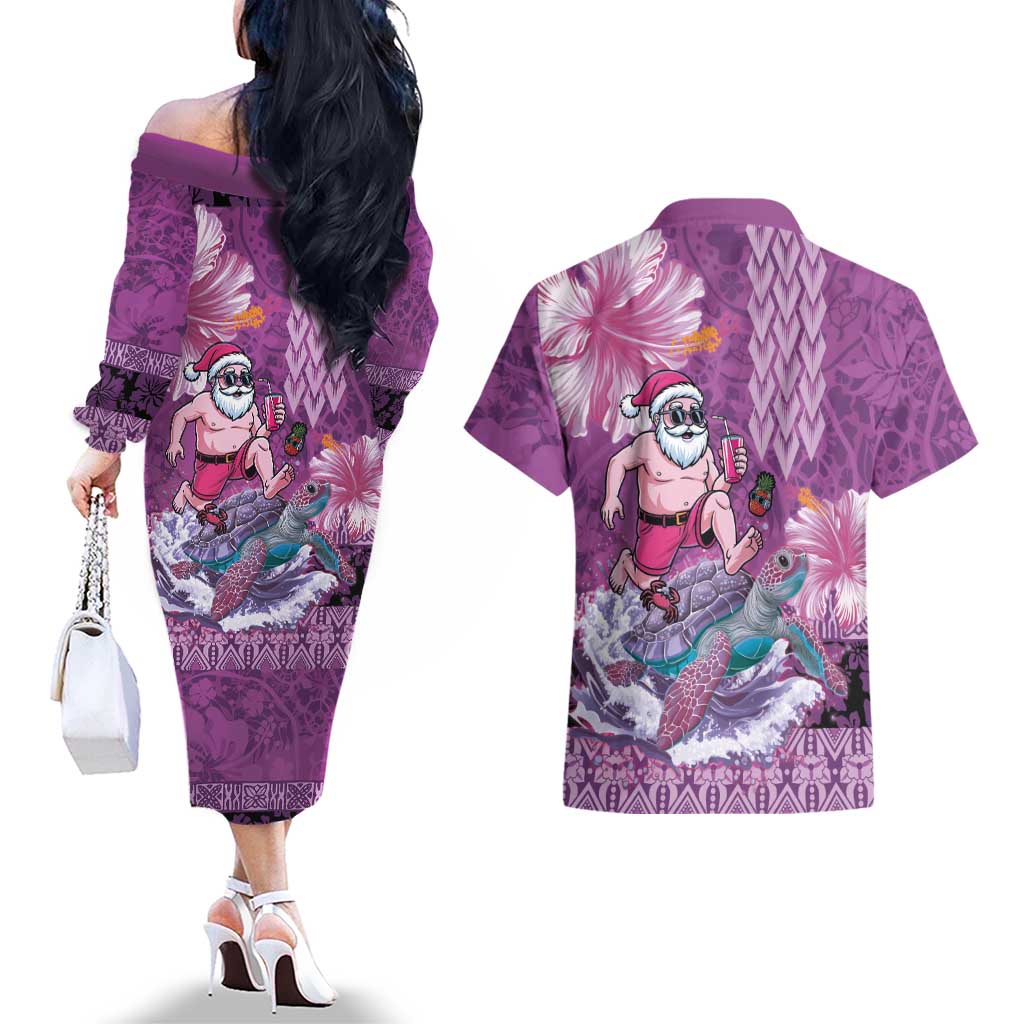 Hawaii Mele Kalikimaka Couples Matching Off The Shoulder Long Sleeve Dress and Hawaiian Shirt Funny Santa with Tribal Tattoos Kakau Purple Color LT03 - Polynesian Pride