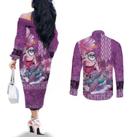 Hawaii Mele Kalikimaka Couples Matching Off The Shoulder Long Sleeve Dress and Long Sleeve Button Shirt Funny Santa with Tribal Tattoos Kakau Purple Color LT03 - Polynesian Pride