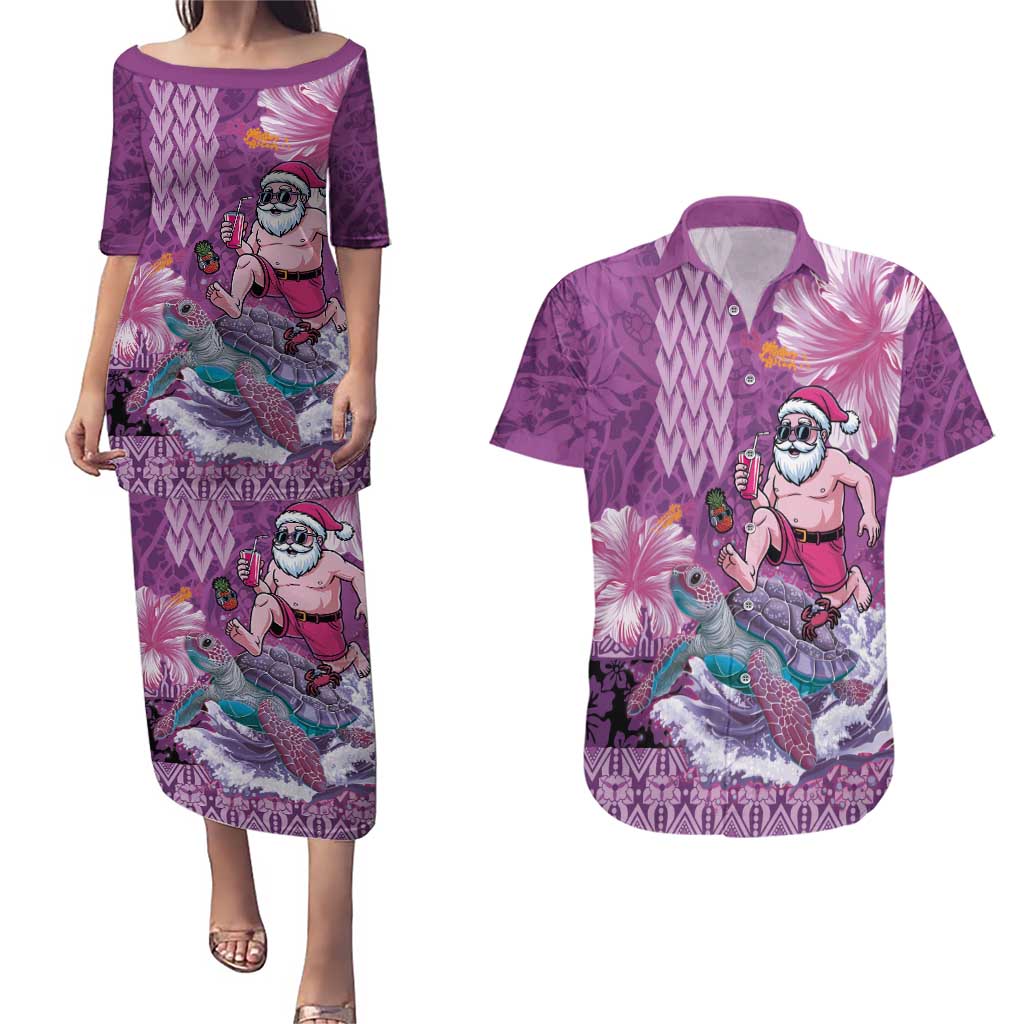 Hawaii Mele Kalikimaka Couples Matching Puletasi and Hawaiian Shirt Funny Santa with Tribal Tattoos Kakau Purple Color LT03 Purple - Polynesian Pride