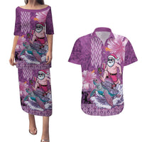 Hawaii Mele Kalikimaka Couples Matching Puletasi and Hawaiian Shirt Funny Santa with Tribal Tattoos Kakau Purple Color LT03 Purple - Polynesian Pride