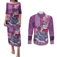 Hawaii Mele Kalikimaka Couples Matching Puletasi and Long Sleeve Button Shirt Funny Santa with Tribal Tattoos Kakau Purple Color LT03 Purple - Polynesian Pride