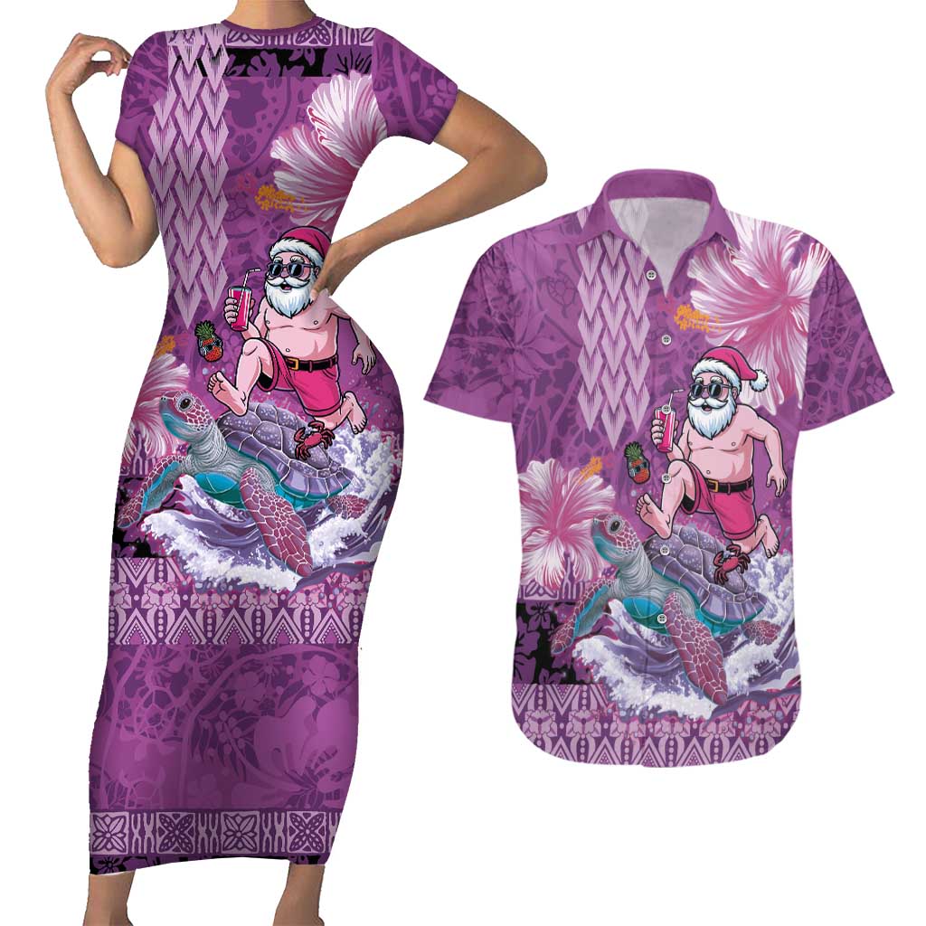Hawaii Mele Kalikimaka Couples Matching Short Sleeve Bodycon Dress and Hawaiian Shirt Funny Santa with Tribal Tattoos Kakau Purple Color LT03 Purple - Polynesian Pride