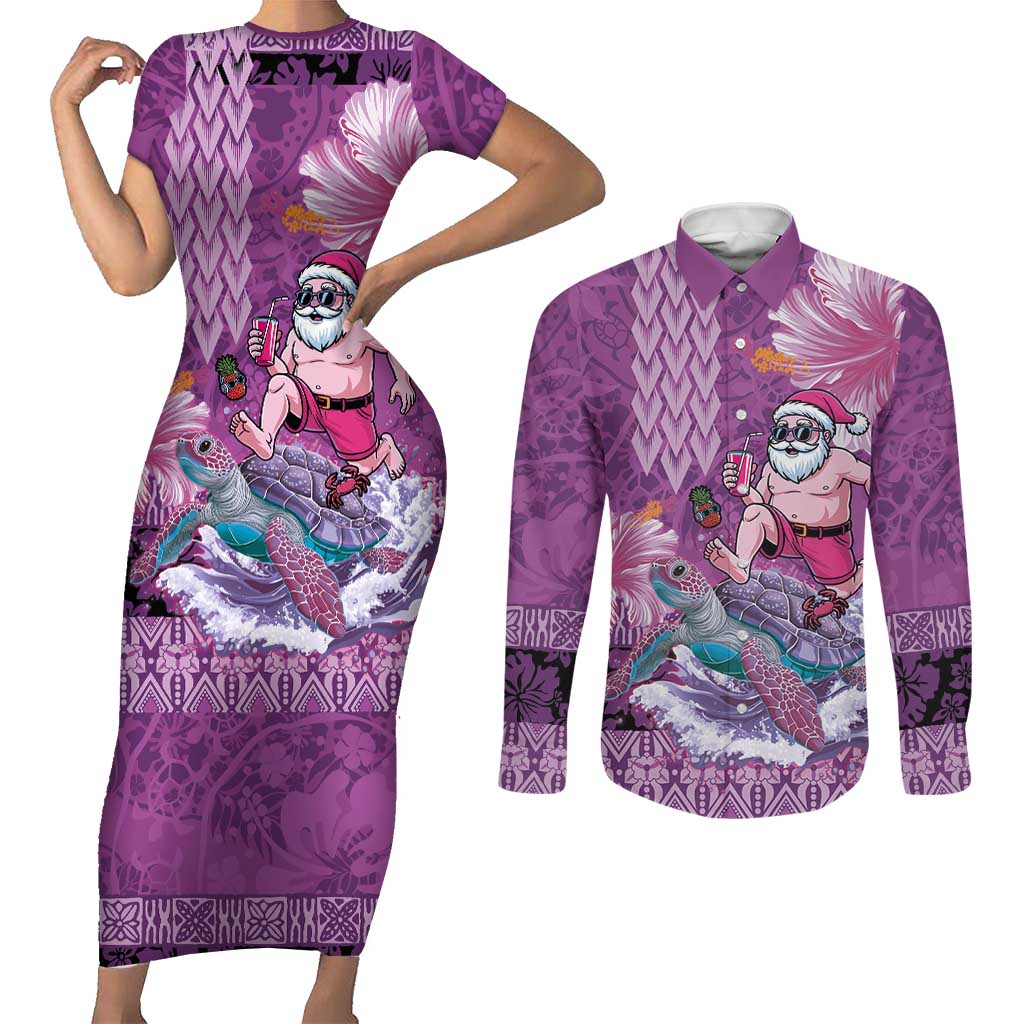 Hawaii Mele Kalikimaka Couples Matching Short Sleeve Bodycon Dress and Long Sleeve Button Shirt Funny Santa with Tribal Tattoos Kakau Purple Color LT03 Purple - Polynesian Pride