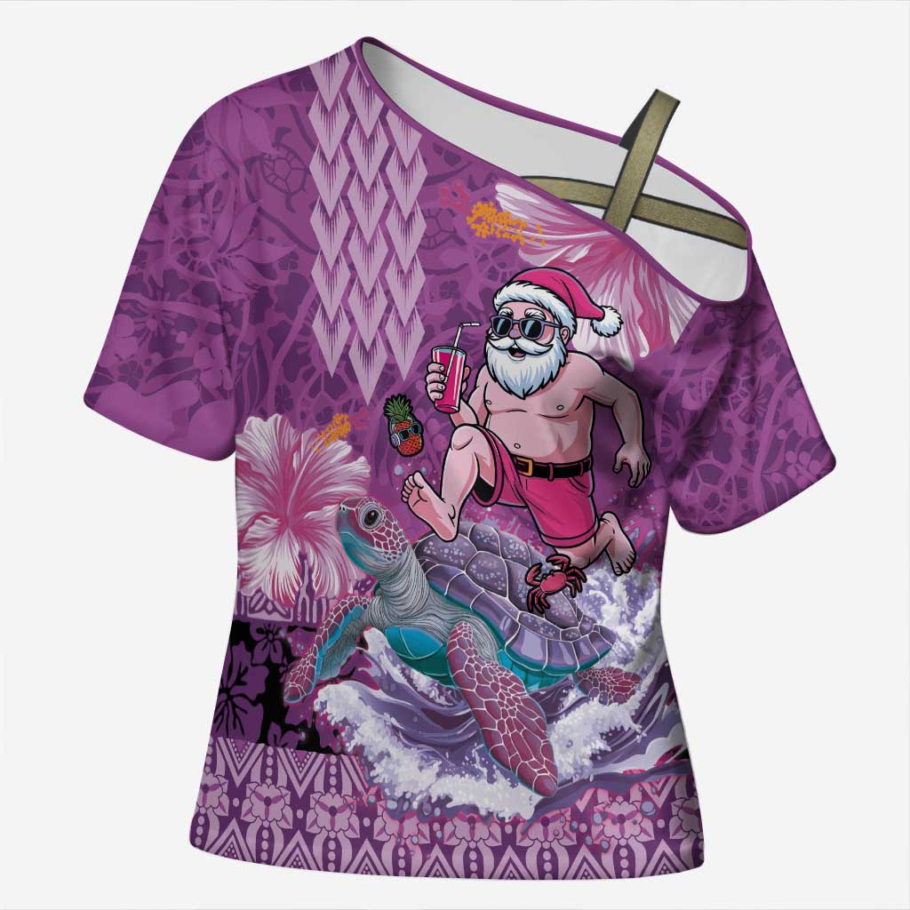 Hawaii Mele Kalikimaka Cross Shoulder Shirt Funny Santa with Tribal Tattoos Kakau Purple Color - Polynesian Pride