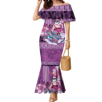Hawaii Mele Kalikimaka Family Matching Mermaid Dress and Hawaiian Shirt Funny Santa with Tribal Tattoos Kakau Purple Color LT03 Mom's Dress Purple - Polynesian Pride