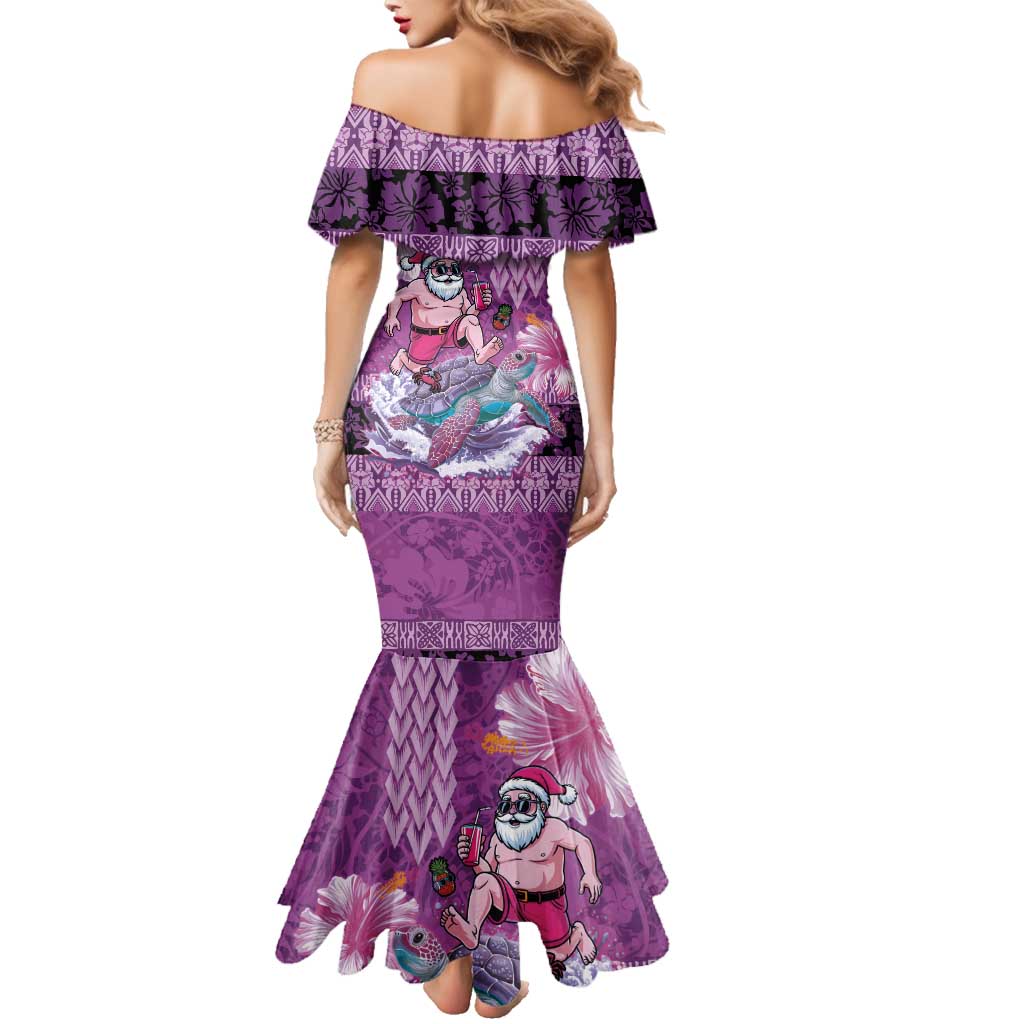 Hawaii Mele Kalikimaka Family Matching Mermaid Dress and Hawaiian Shirt Funny Santa with Tribal Tattoos Kakau Purple Color LT03 - Polynesian Pride