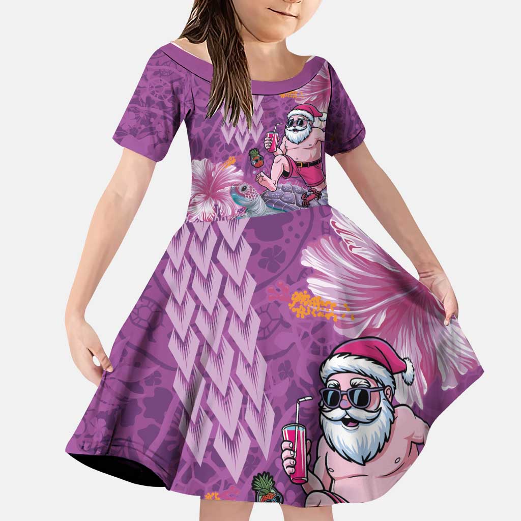 Hawaii Mele Kalikimaka Family Matching Off The Shoulder Long Sleeve Dress and Hawaiian Shirt Funny Santa with Tribal Tattoos Kakau Purple Color LT03 Daughter's Dress Purple - Polynesian Pride