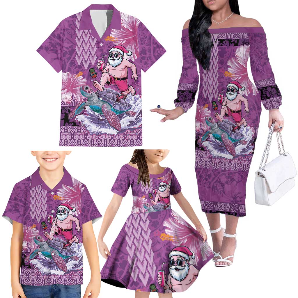 Hawaii Mele Kalikimaka Family Matching Off The Shoulder Long Sleeve Dress and Hawaiian Shirt Funny Santa with Tribal Tattoos Kakau Purple Color LT03 - Polynesian Pride