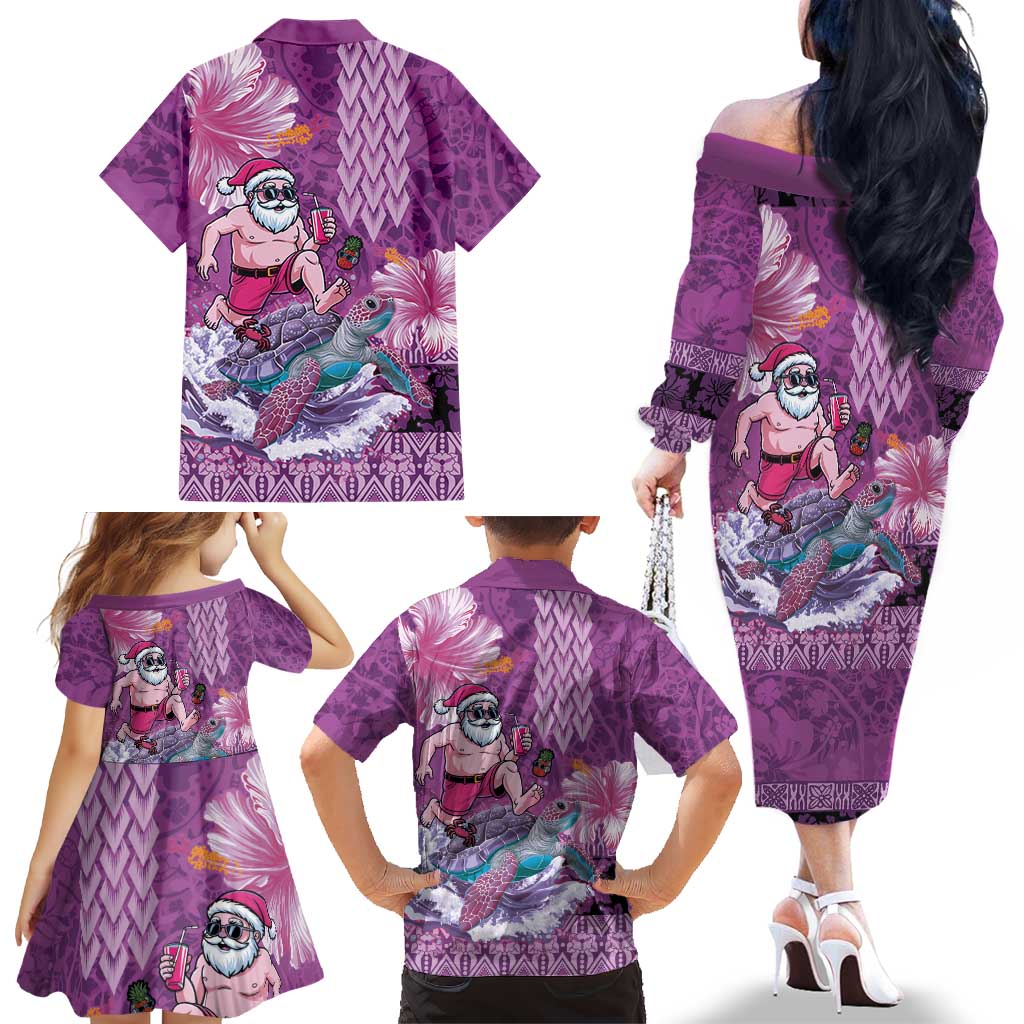 Hawaii Mele Kalikimaka Family Matching Off The Shoulder Long Sleeve Dress and Hawaiian Shirt Funny Santa with Tribal Tattoos Kakau Purple Color LT03 - Polynesian Pride