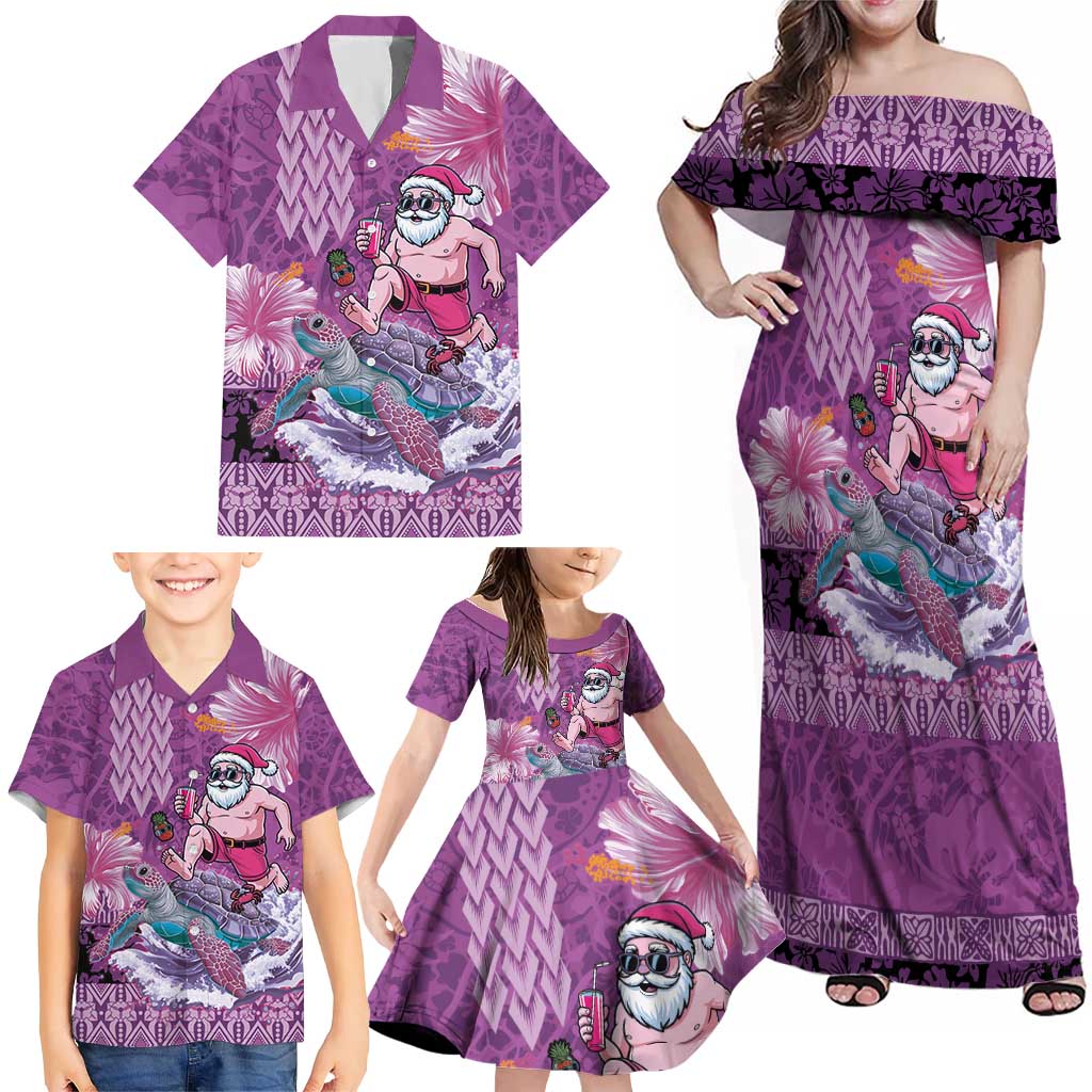 Hawaii Mele Kalikimaka Family Matching Off Shoulder Maxi Dress and Hawaiian Shirt Funny Santa with Tribal Tattoos Kakau Purple Color LT03 - Polynesian Pride