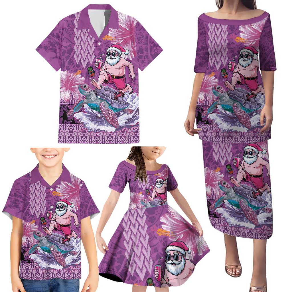 Hawaii Mele Kalikimaka Family Matching Puletasi and Hawaiian Shirt Funny Santa with Tribal Tattoos Kakau Purple Color LT03 - Polynesian Pride