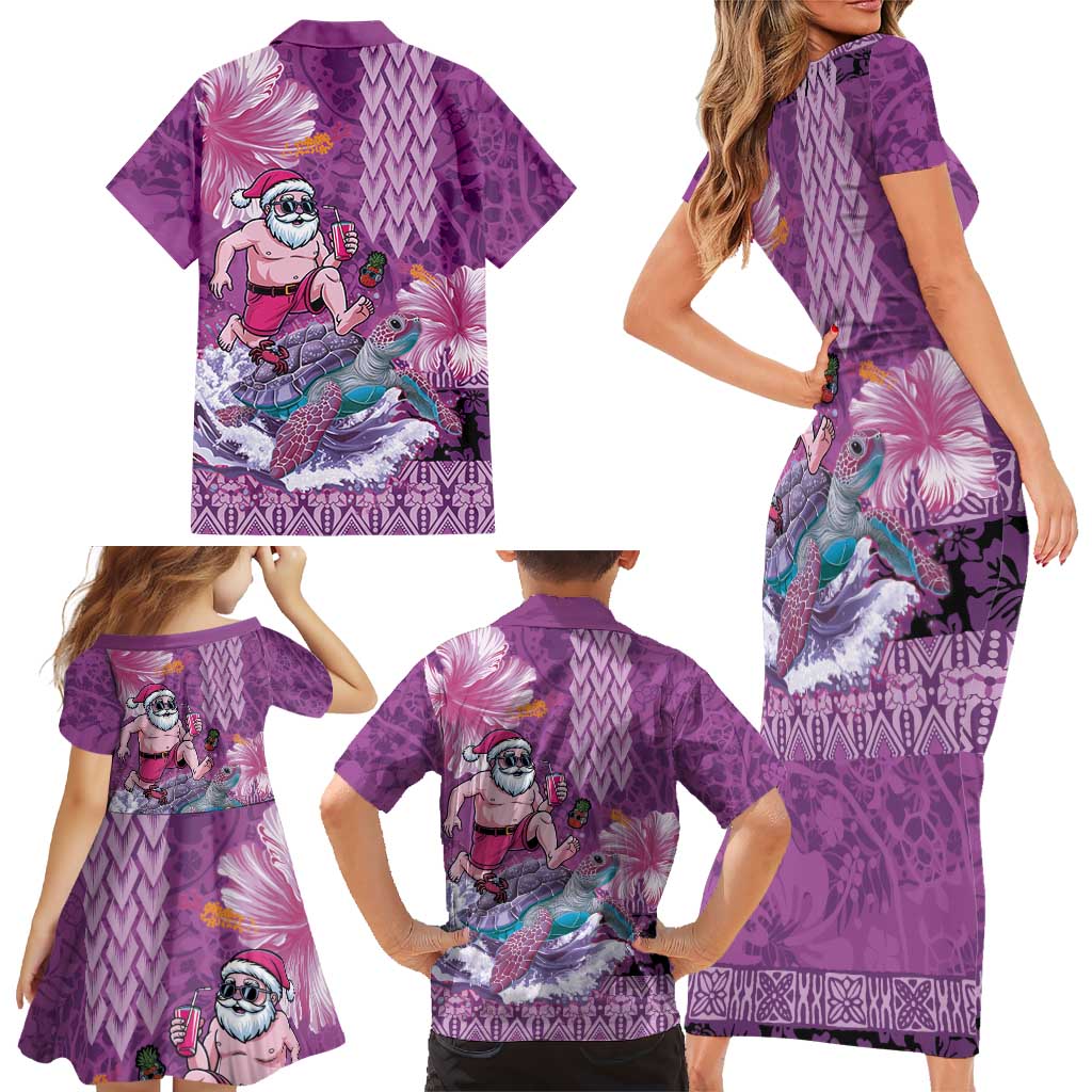 Hawaii Mele Kalikimaka Family Matching Short Sleeve Bodycon Dress and Hawaiian Shirt Funny Santa with Tribal Tattoos Kakau Purple Color LT03 - Polynesian Pride
