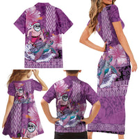 Hawaii Mele Kalikimaka Family Matching Short Sleeve Bodycon Dress and Hawaiian Shirt Funny Santa with Tribal Tattoos Kakau Purple Color LT03 - Polynesian Pride
