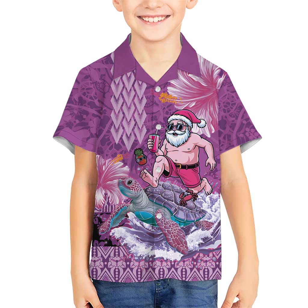 Hawaii Mele Kalikimaka Family Matching Short Sleeve Bodycon Dress and Hawaiian Shirt Funny Santa with Tribal Tattoos Kakau Purple Color LT03 Son's Shirt Purple - Polynesian Pride