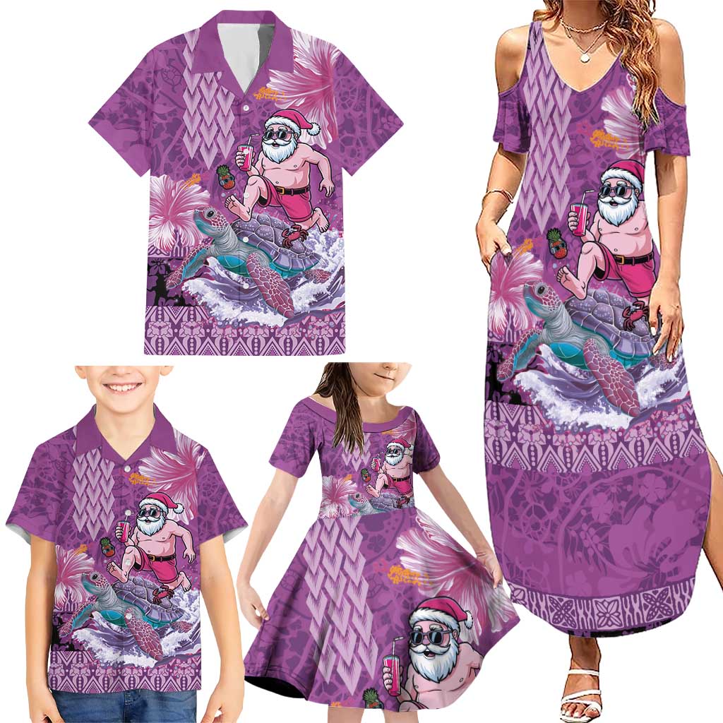 Hawaii Mele Kalikimaka Family Matching Summer Maxi Dress and Hawaiian Shirt Funny Santa with Tribal Tattoos Kakau Purple Color LT03 - Polynesian Pride