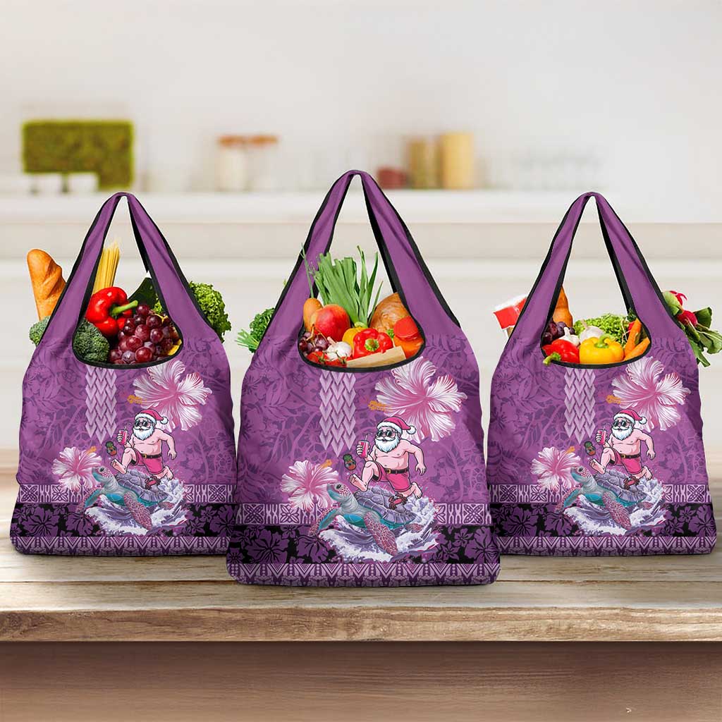 Hawaii Mele Kalikimaka Grocery Bag Funny Santa with Tribal Tattoos Kakau Purple Color LT03 3-pack One Size Purple - Polynesian Pride