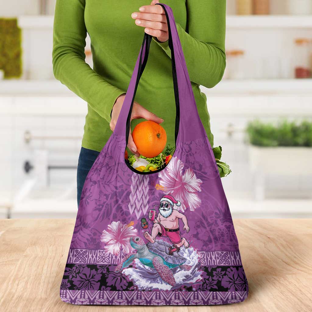 Hawaii Mele Kalikimaka Grocery Bag Funny Santa with Tribal Tattoos Kakau Purple Color LT03 - Polynesian Pride