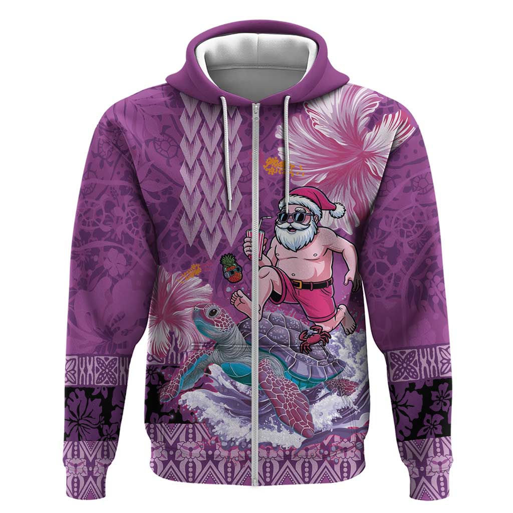 Hawaii Mele Kalikimaka Hoodie Funny Santa with Tribal Tattoos Kakau Purple Color LT03 Zip Hoodie Purple - Polynesian Pride