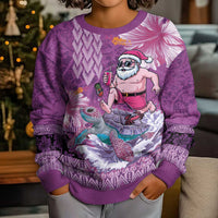 Hawaii Mele Kalikimaka Kid Ugly Christmas Sweater Funny Santa with Tribal Tattoos Kakau Purple Color LT03 - Polynesian Pride
