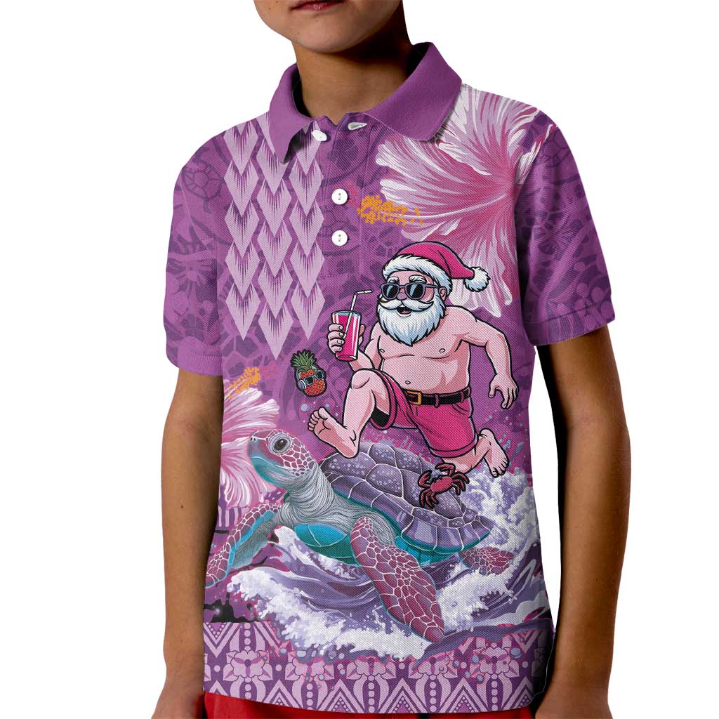 Hawaii Mele Kalikimaka Kid Polo Shirt Funny Santa with Tribal Tattoos Kakau Purple Color LT03 Kid Purple - Polynesian Pride