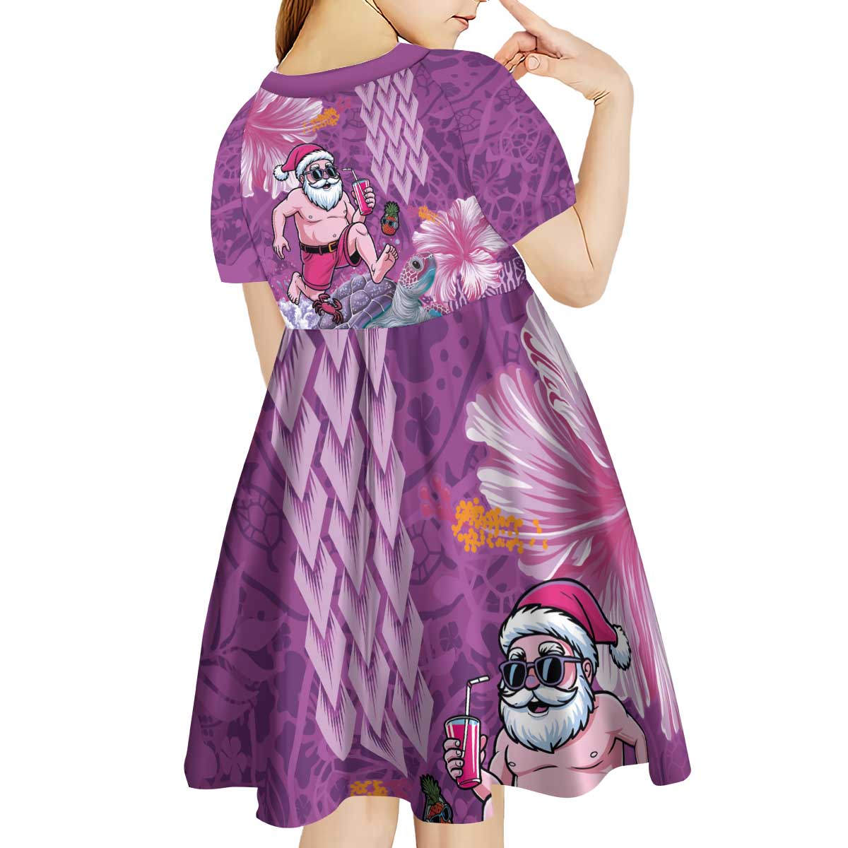 Hawaii Mele Kalikimaka Kid Short Sleeve Dress Funny Santa with Tribal Tattoos Kakau Purple Color LT03 - Polynesian Pride