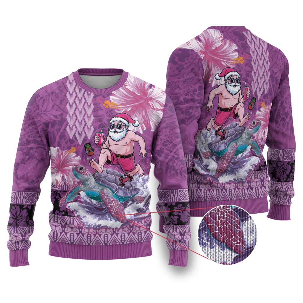 Hawaii Mele Kalikimaka Ugly Christmas Sweater Funny Santa with Tribal Tattoos Kakau Purple Color LT03 Purple - Polynesian Pride