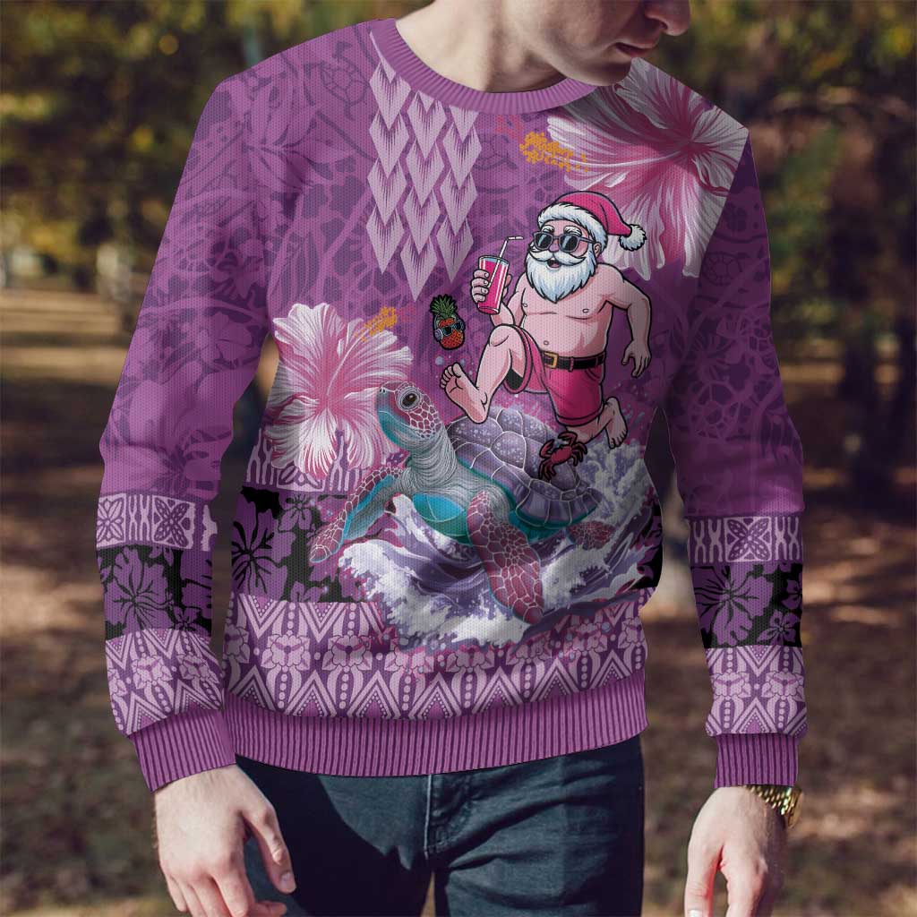 Hawaii Mele Kalikimaka Ugly Christmas Sweater Funny Santa with Tribal Tattoos Kakau Purple Color LT03 - Polynesian Pride
