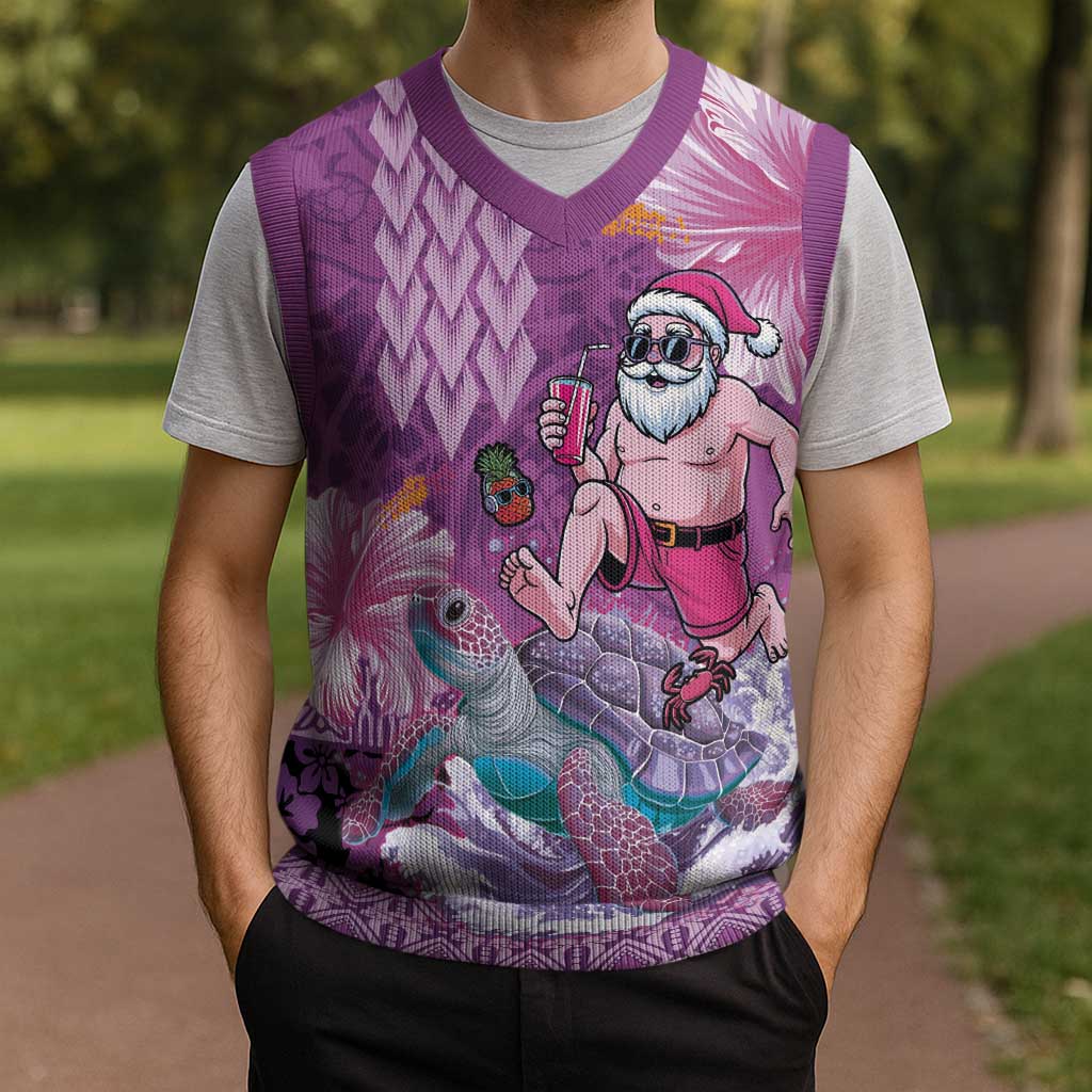 Hawaii Mele Kalikimaka Christmas Knitted V-Neck Vest Funny Santa with Tribal Tattoos Kakau Purple Color LT03 - Polynesian Pride