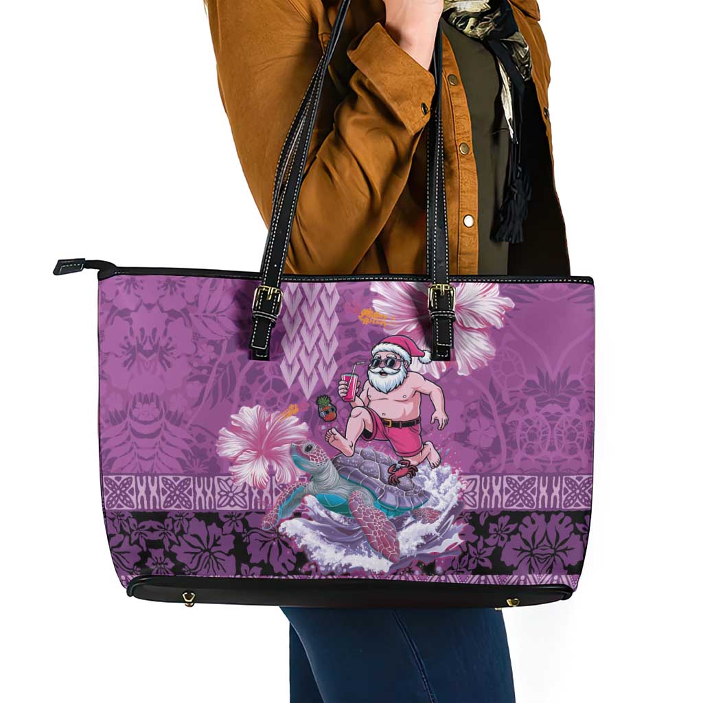 Hawaii Mele Kalikimaka Leather Tote Bag Funny Santa with Tribal Tattoos Kakau Purple Color LT03 - Polynesian Pride